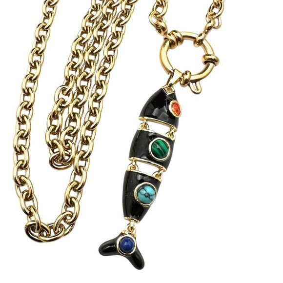Multi-Gemstone Black Enamel Fish Pendant Necklace 18K Gold Plated Chain 17 Inch - Picture 1 of 9